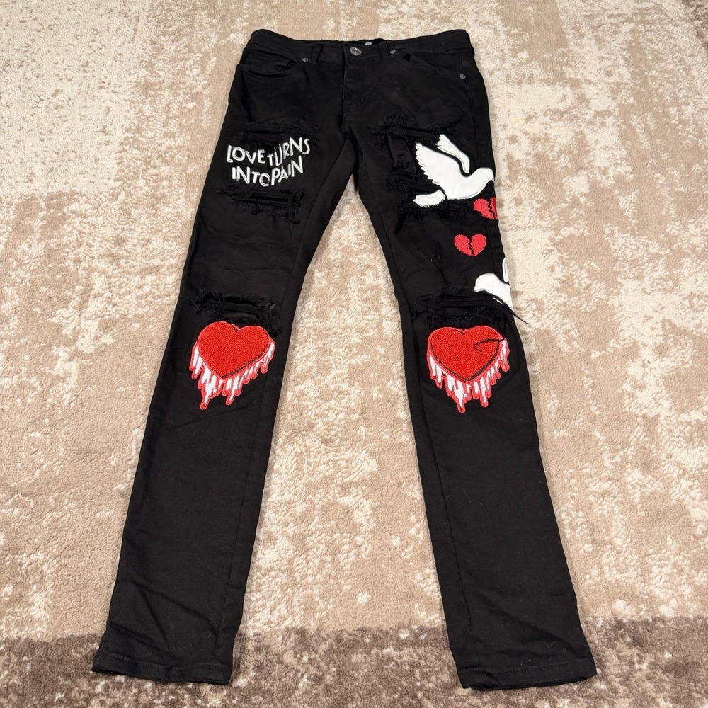 Focus Jeans‎ Heartbreaker Denim Broken Heart Embroidered Jeans Mens 30x32 Black